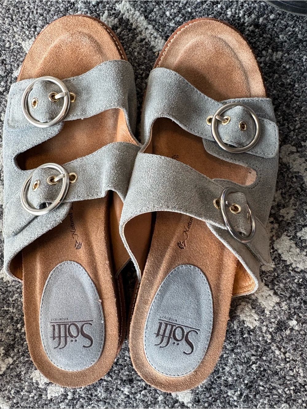 Sofft Light Gray Suede Double-Buckle Slide Sandals size 9 to 9.5